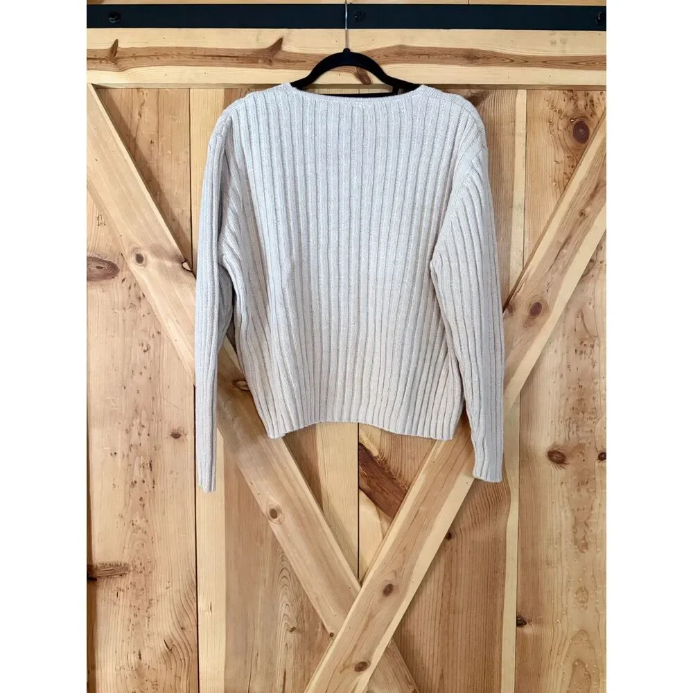 Vintage Y2K Cream Ribbed V Neck Sweater Womens XL Coastal Grandmother Minimalist